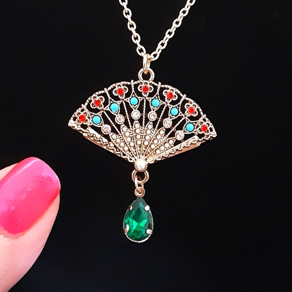 Hand Crafted Jewelry - Handmade Victorian Fan Necklace 22" Long Chain
